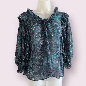 Anthropologie Sheer Paisley Blouse - Ruffle Balloon Sleeve Flowy Top, Size XS